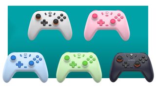 Gamesir Nova Lite controller, in multiple colorways, on a blue background
