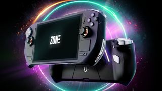 Zotac Zone handheld with black background and neon multi-coloured circles