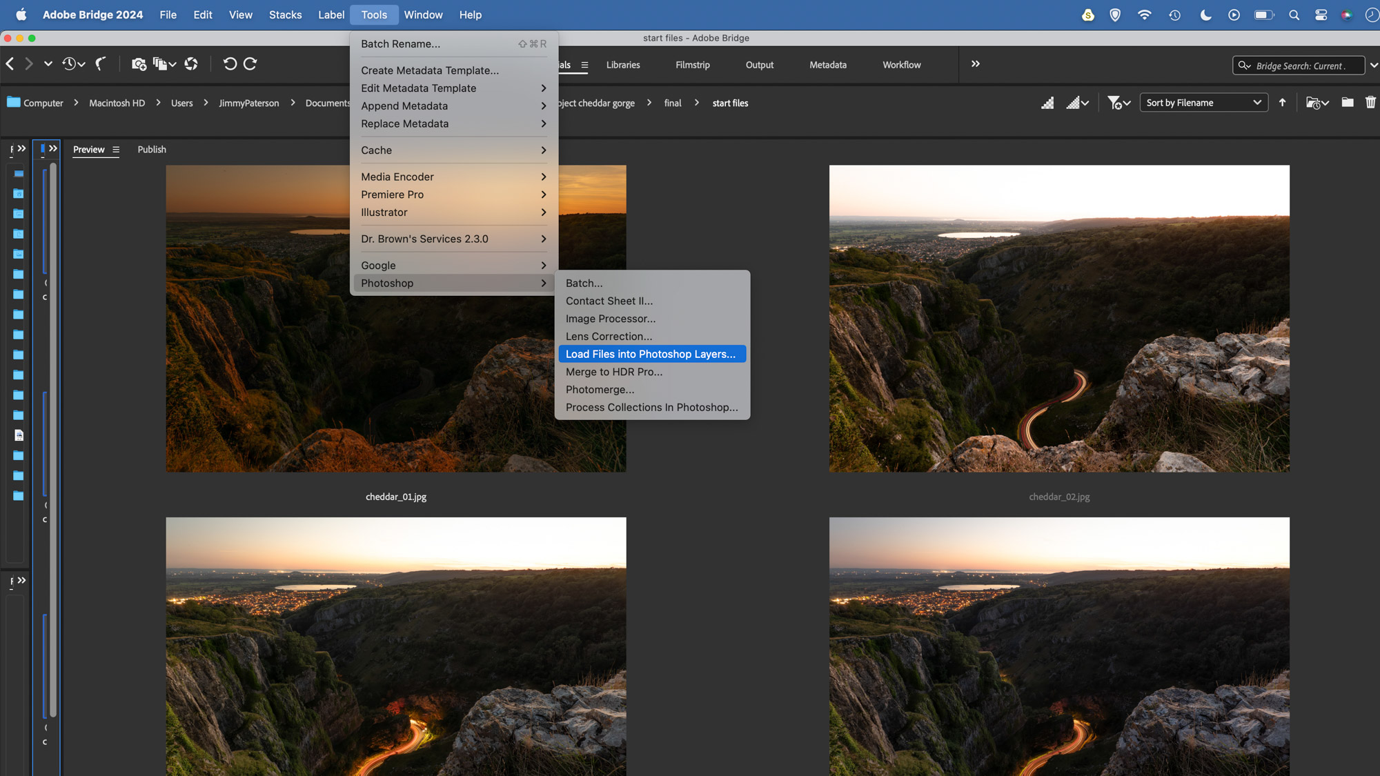 The Traffic Trails sequence is selected in Adobe Bridge and then the command 