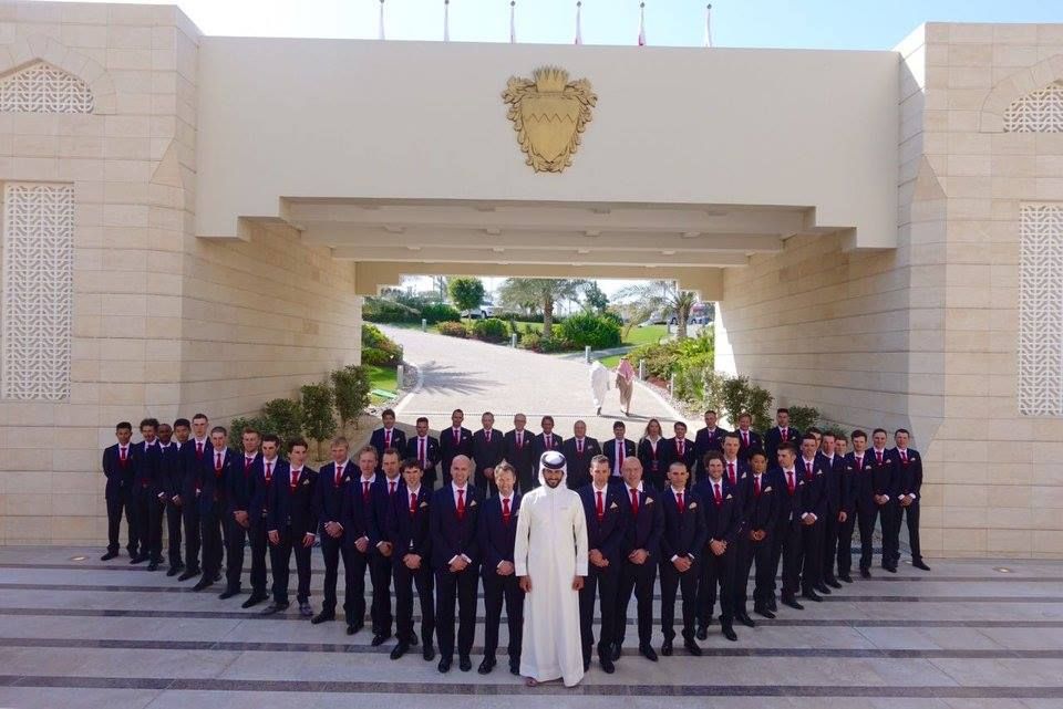 The whole Bahrain-Merida team lined up outside