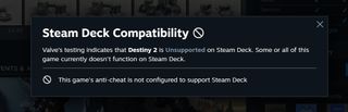 Steam compatibility listing for Destiny 2 on Steam Deck
