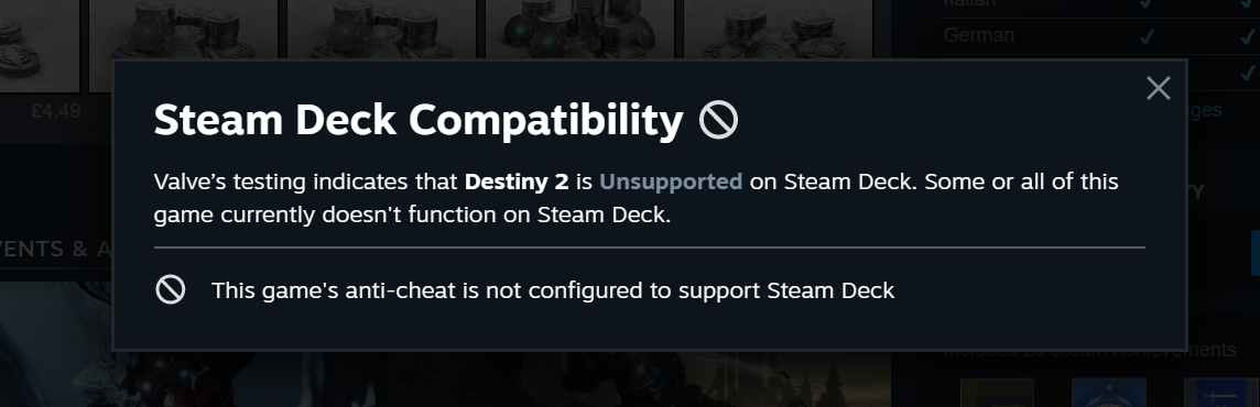 Steam compatibility listing for Destiny 2 on Steam Deck