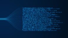 An abstract illustration of an AI transformer model represented as multiple strands of light spreading out from left to right. At the end of each strand in the center of the image, squares resembling code stream out. Decorative: the glowing blue lines and squares are shown against a dark blue background.