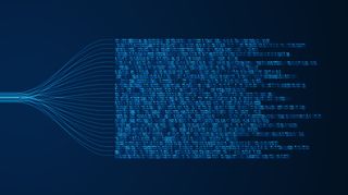 An abstract illustration of an AI transformer model represented as multiple strands of light spreading out from left to right. At the end of each strand in the center of the image, squares resembling code stream out. Decorative: the glowing blue lines and squares are shown against a dark blue background.