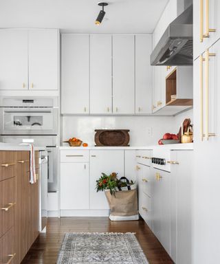 kitchen with flat white cabinets and black spotlight