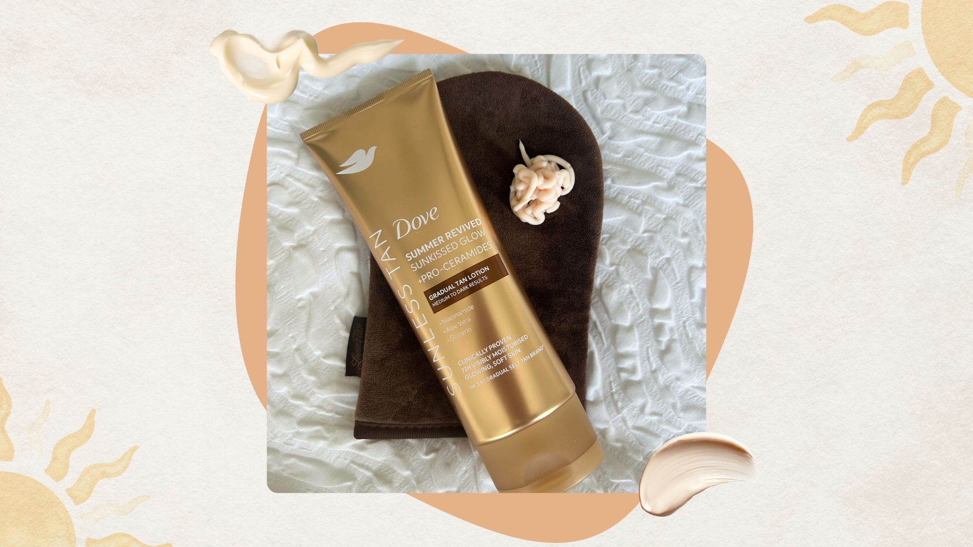 Image of the new Dove gradual tan on a tanning mitt, beige background with yellow suns, orange square detail and cream swatches