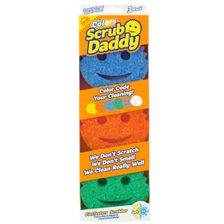 a three pack of colorful smiley face sponges