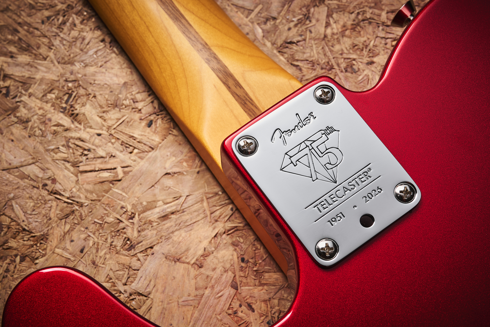The neck plate of the Fender 75th Anniversary American Professional Classic Cabronita Telecaster electric guitar