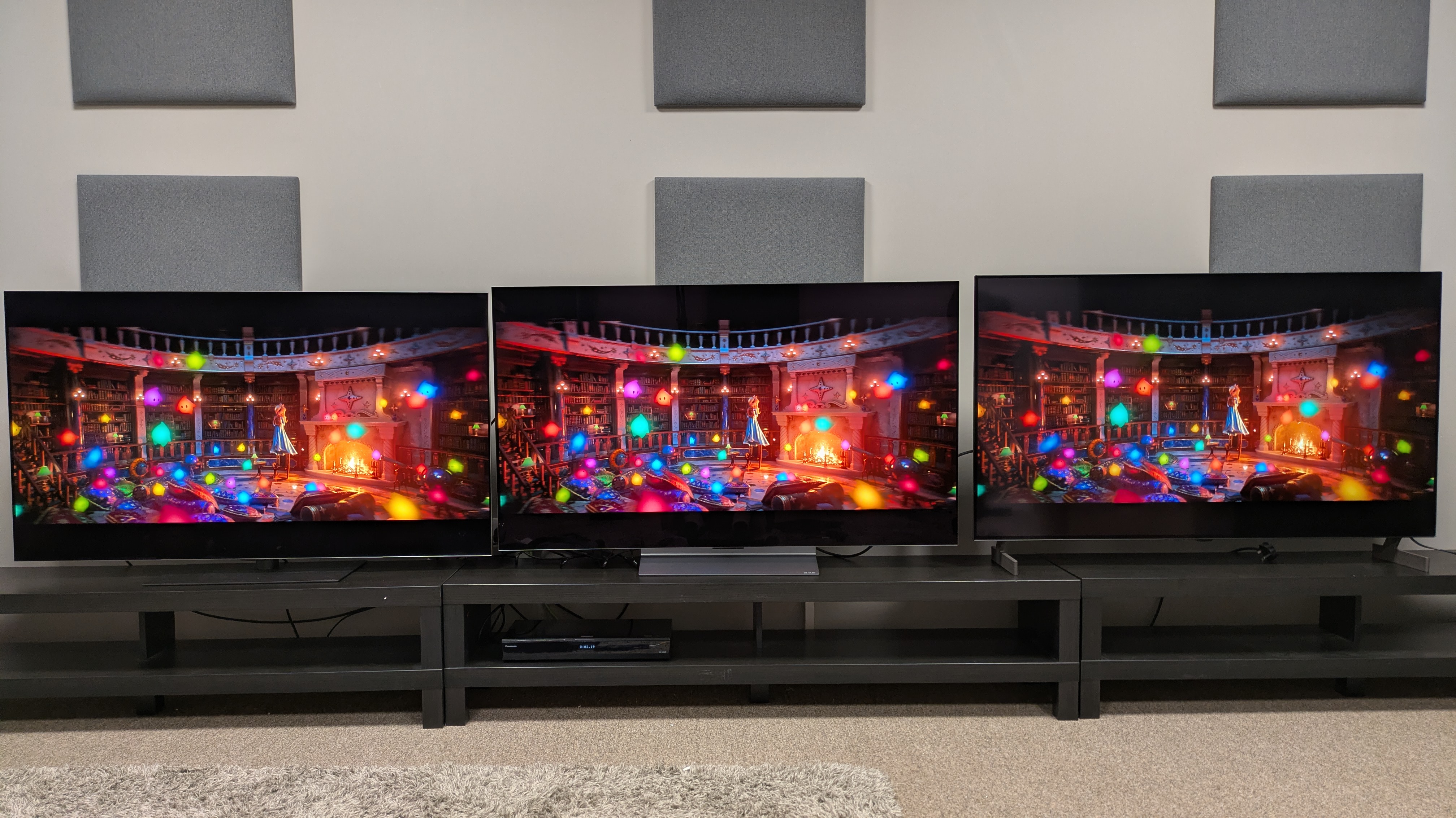 LG G6 (left) vs LG C6 (middle) vs LG B6E (right) showing Rosalina and the Lumas from The Super Mario Galaxy Movie. Colors are excellent on all three TVs, with the G6 and C6 showing similar brightness