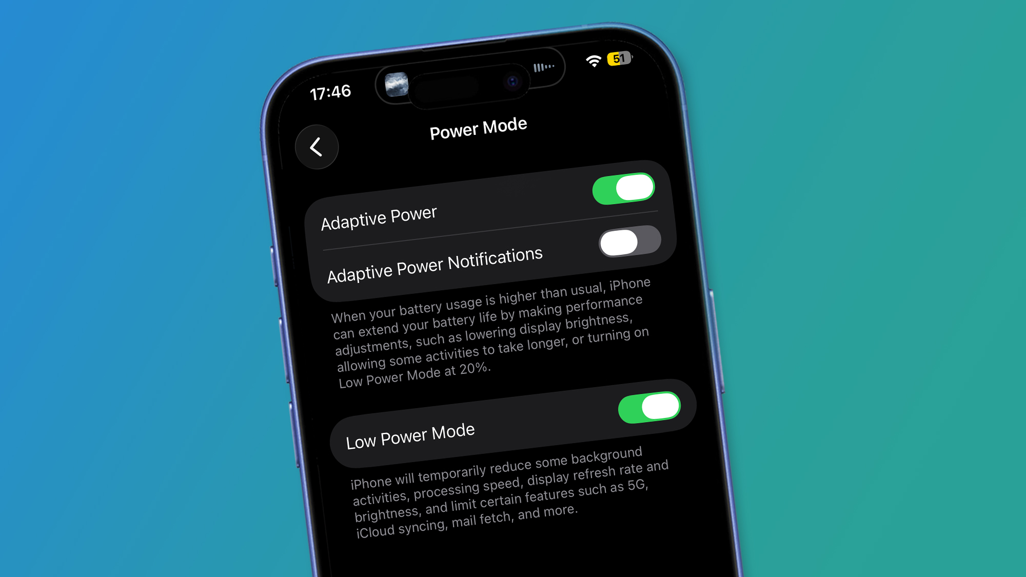 An iPhone on a blue and green background showing power mode settings