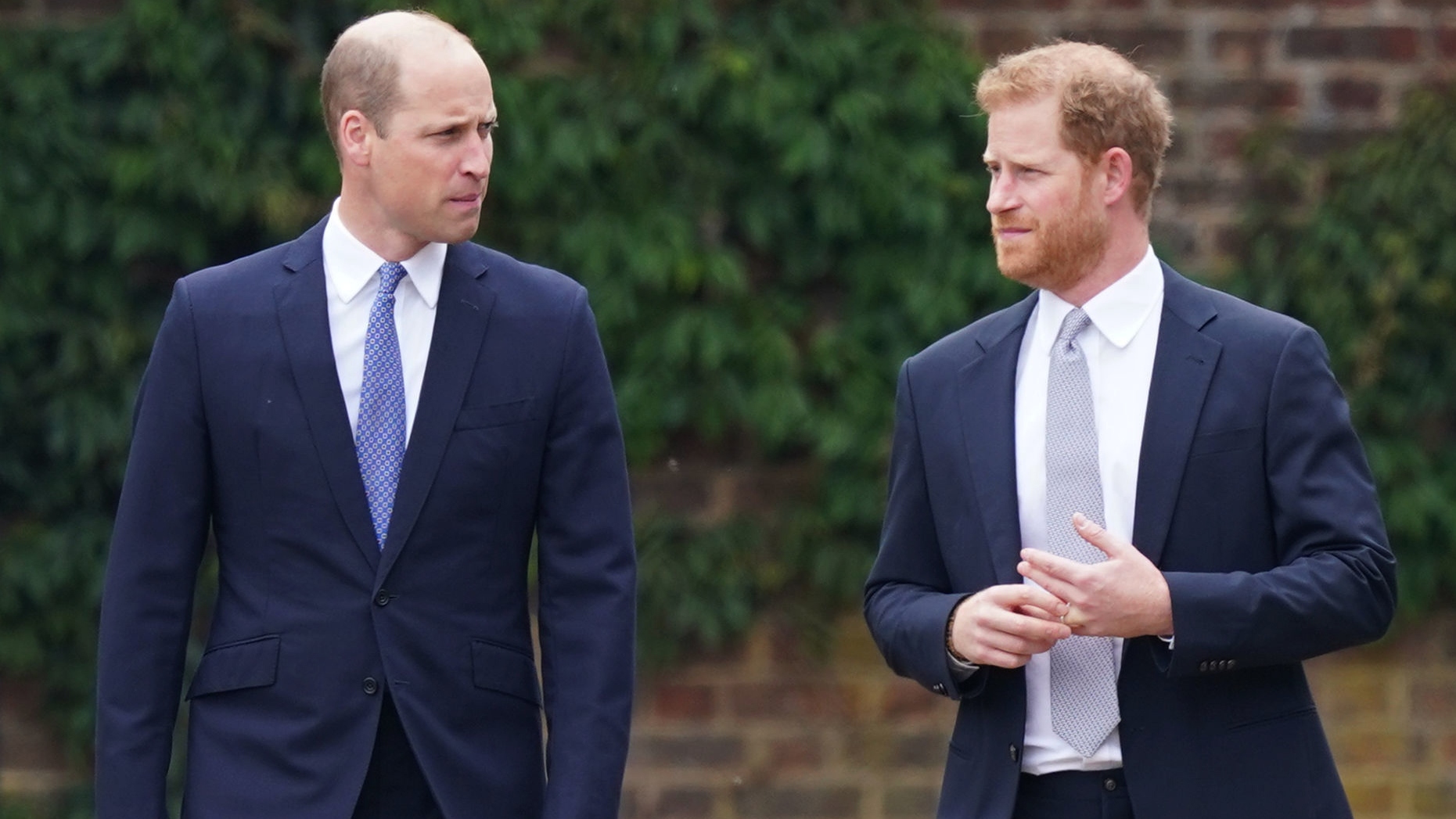 Prince William and Prince Harry arrive for the unveiling of a statue they commissioned of their mother Diana, Princess of Wales on July 1, 2021