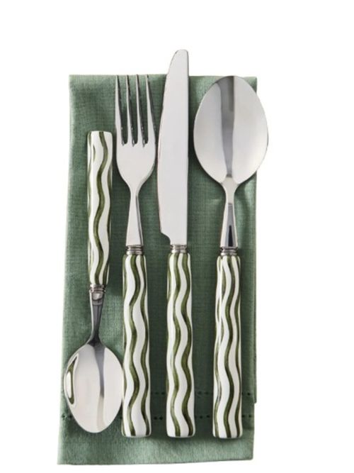16 Piece Green Ceramic Handle Wiggle Pattern Cutlery 