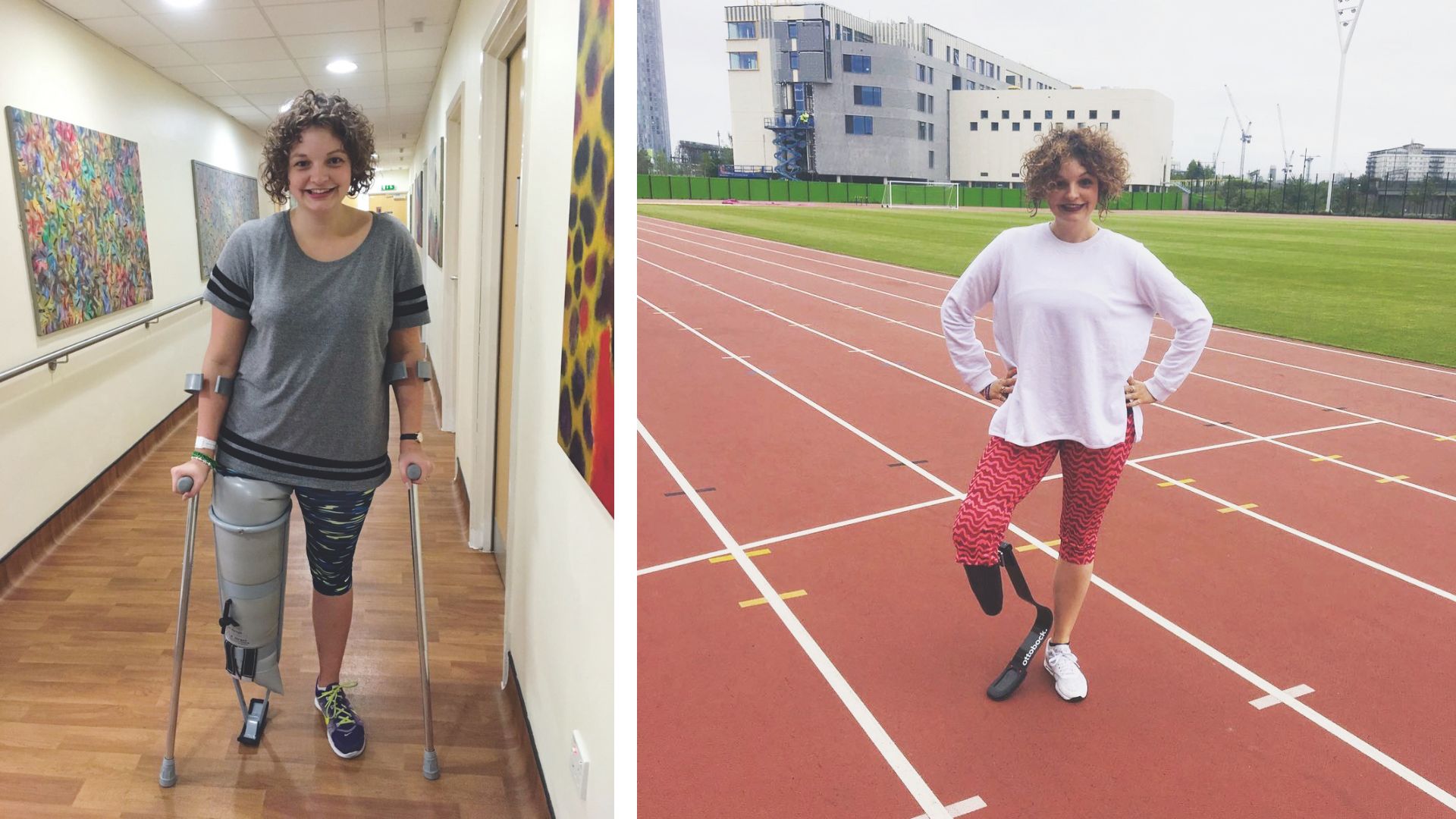 A split image shows Ella Dove walking on crutches at hospital for the first time, and running with a blade on a track, at a later date