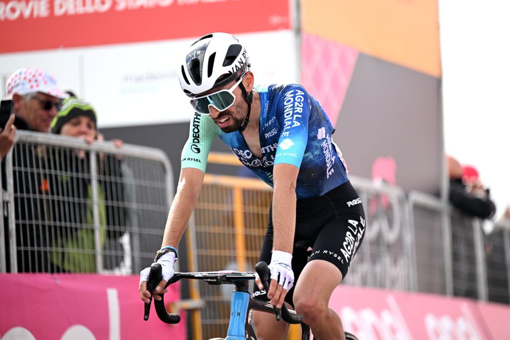 LIVIGNO MOTTOLINO ITALY MAY 19 Valentin ParetPeintre of France and Decathlon AG2R La Mondiale Team crosses the finish line during the 107th Giro dItalia 2024 Stage 15 a 222km stage from Manerba del Garda to Livigno Mottolino 2387m UCIWT on May 19 2024 in Livigno Mottolino Italy Photo by Tim de WaeleGetty Images