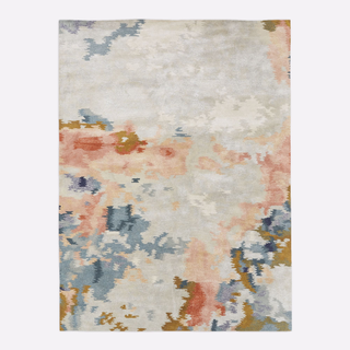 colorful area rug with watercolor-esque design