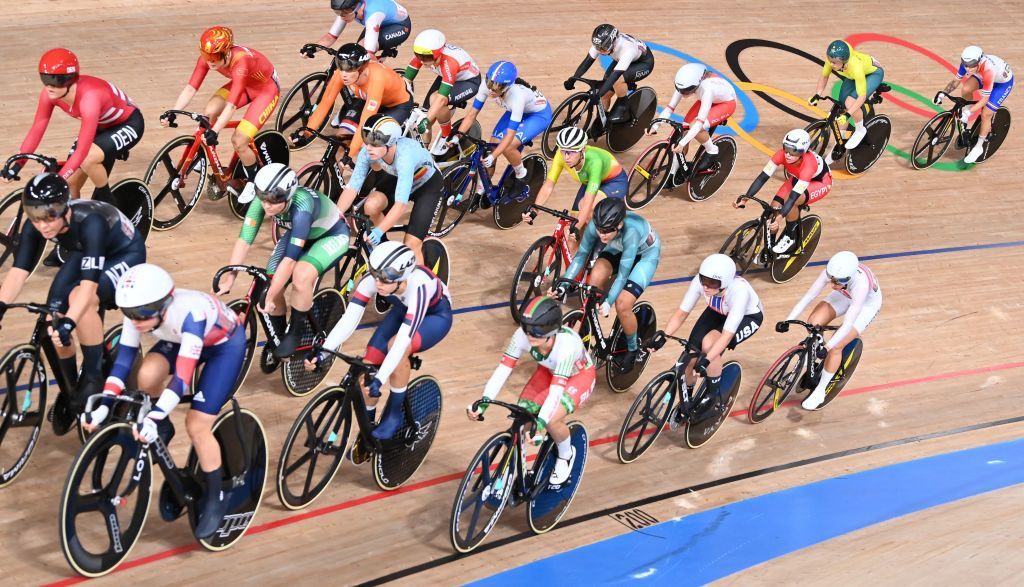 Cyclists compete in the womens track cycling omnium scratch race during the Tokyo 2020 Olympic Games at Izu Velodrome in Izu Japan on August 8 2021 Photo by Peter PARKS AFP Photo by PETER PARKSAFP via Getty Images
