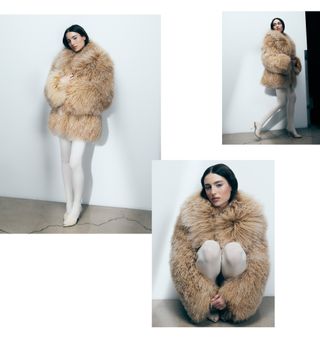 Madeline Argy poses wearing furry brown Givenchy coat and white tights.