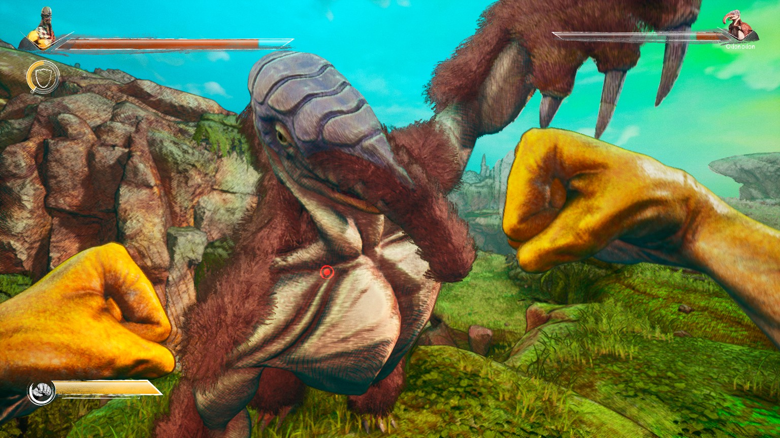 First-person combat with a strange monster in Clash: Artifacts of Chaos.
