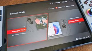 MSI Claw 8 AI+'s control mode menu with Gamepad Mode and Desktop Mode displayed.