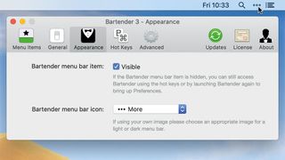Using Bartender to choose whether an app’s menu bar icon is shown or hidden.
