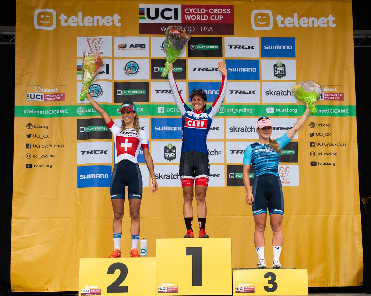 The women's podium: Neff, Nash and Evie Richards