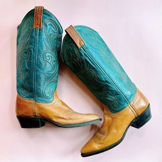 Vintage Dan Post Two-Tone Teal and Tan Leather Cowgirl Boots