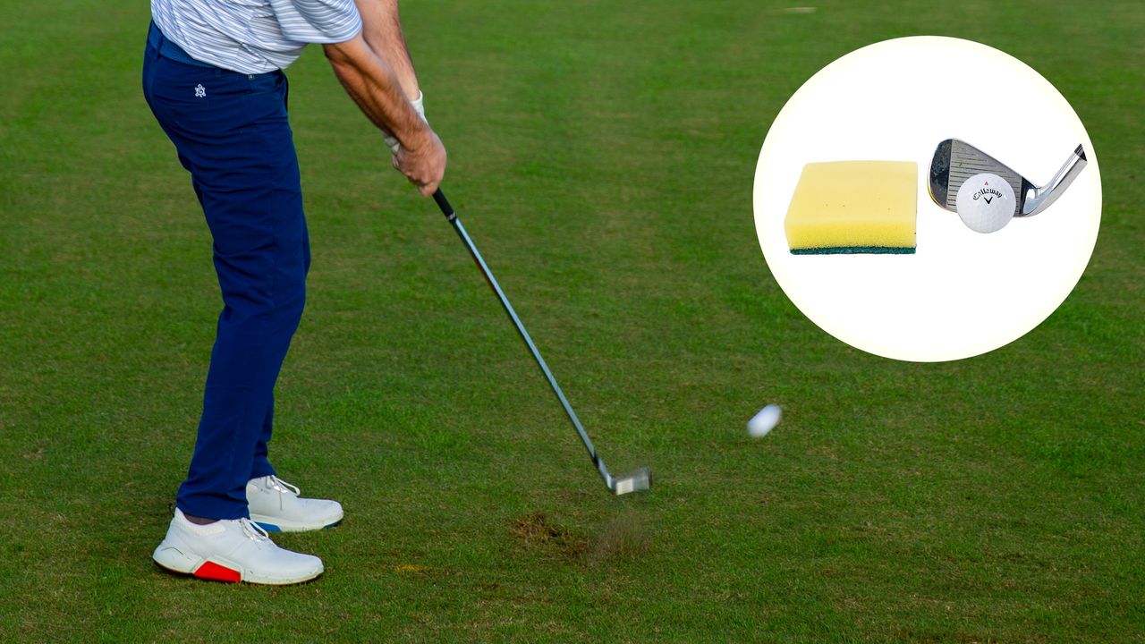 Golfer hitting a shank with an inset image of the magic sponge drill set-up