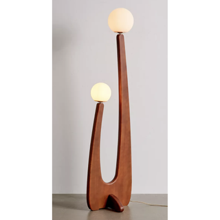 floor lamp with two bulbs and wooden frame