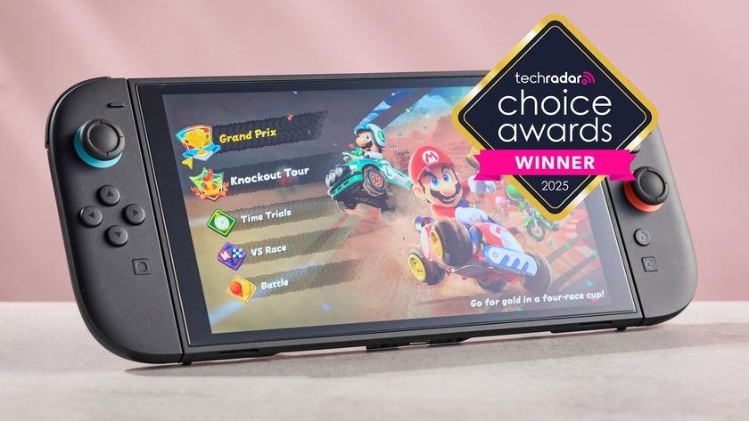 Nintendo Switch 2 showing the menu for Mario Kart World, with a logo saying TechRadar Choice Awards Winner 2025
