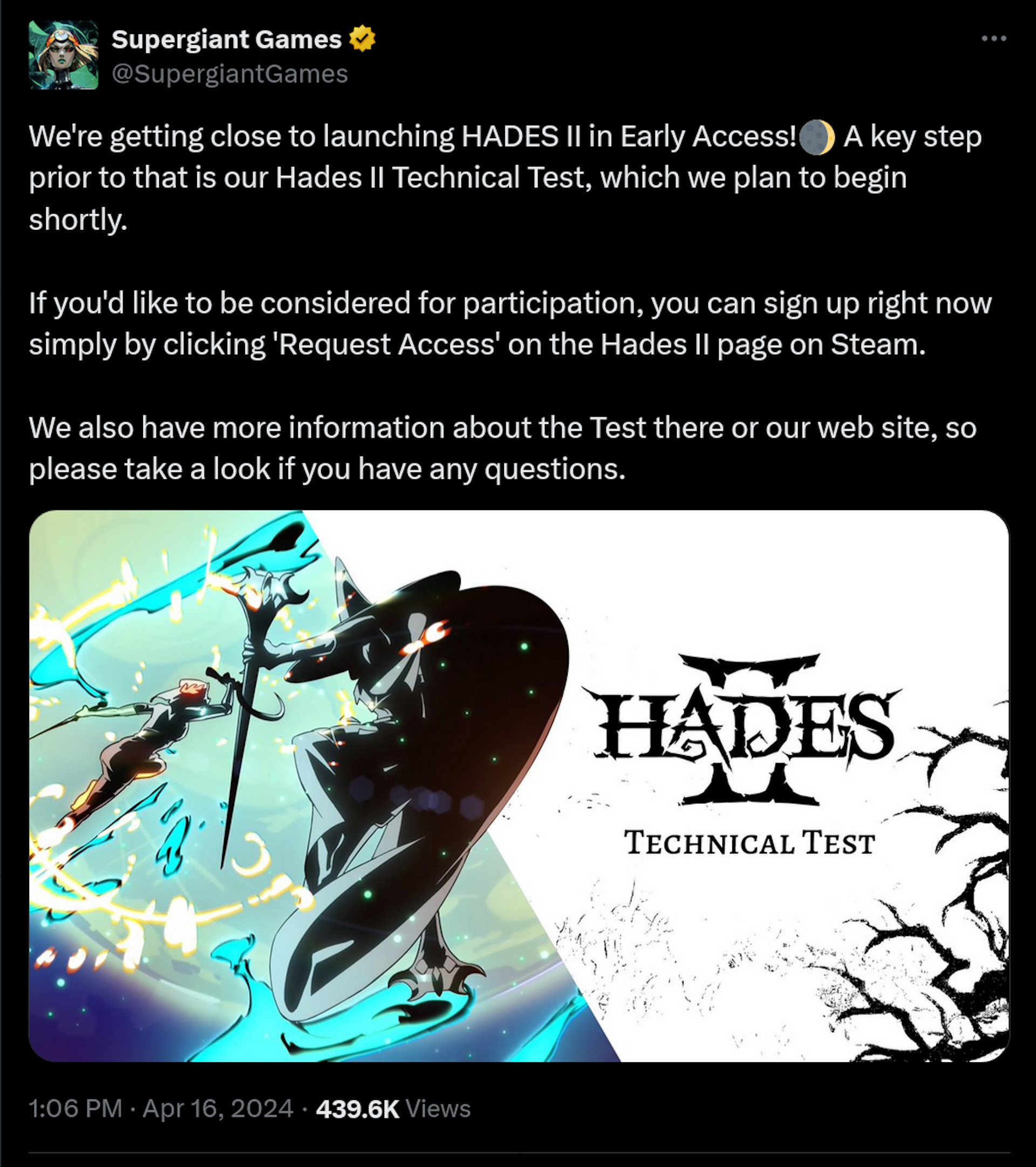 We're getting close to launching HADES II in Early Access!???? A key step prior to that is our Hades II Technical Test, which we plan to begin shortly.  If you'd like to be considered for participation, you can sign up right now simply by clicking 'Request Access' on the Hades II page on Steam.  We also have more information about the Test there or our web site, so please take a look if you have any questions.