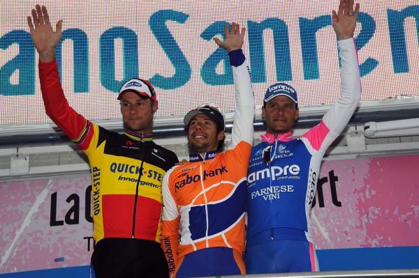Tom Boonen (2nd, Quick Step), Oscar Freire (1st, Rabobank) and Alessandro Petacchi (3rd, Lampre-Farnese Vini)