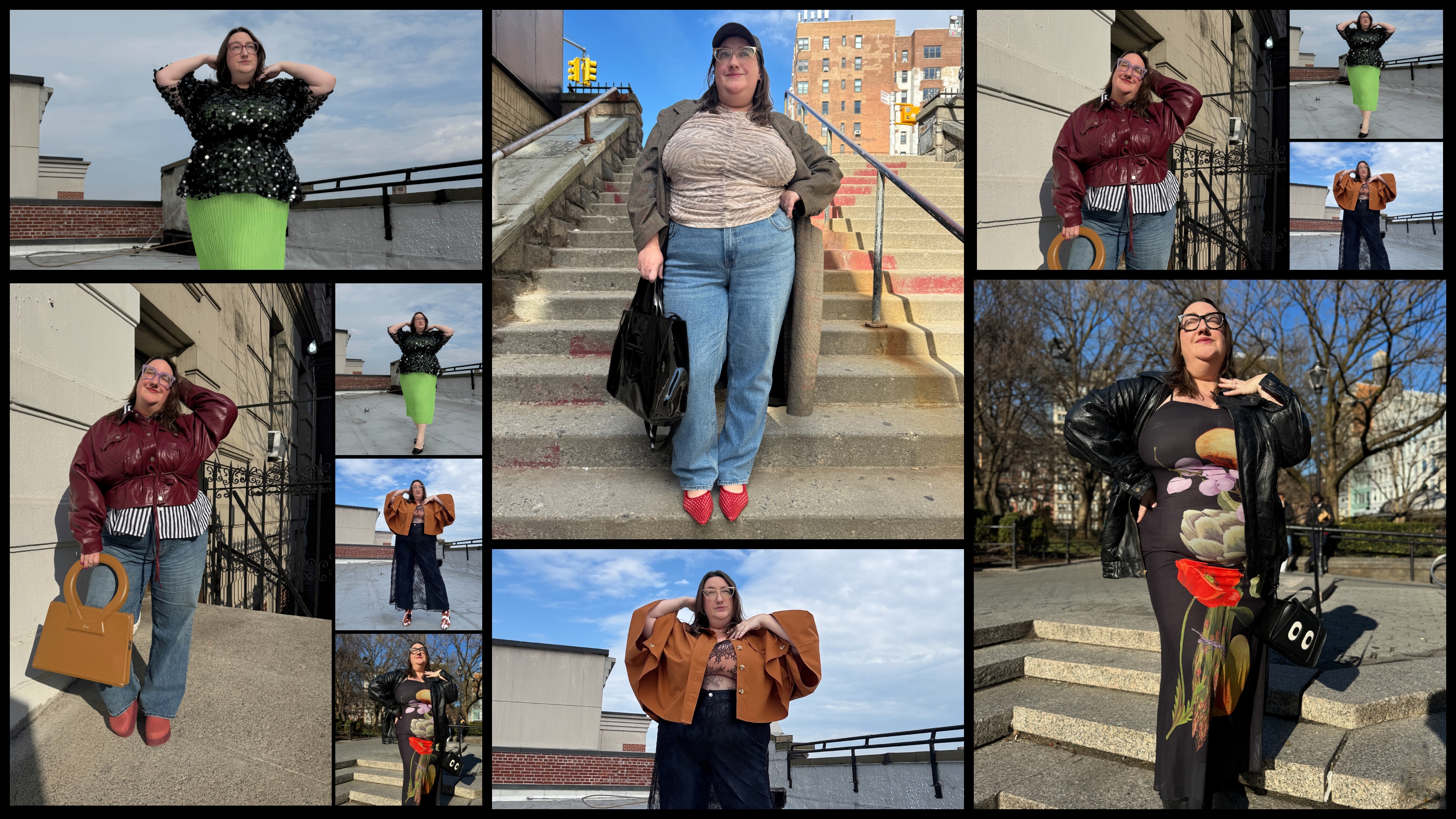 A collage of street-style outfit photos featuring Sarah Chiwaya posing outdoors in New York City.