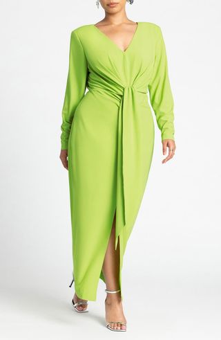 Strong Shoulder Tie Waist Long Sleeve Maxi Dress