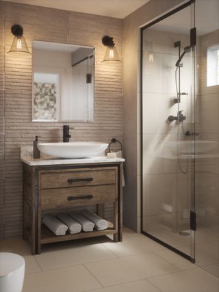 rustic bathroom in neutral shades, walk in shower, wooden vanity