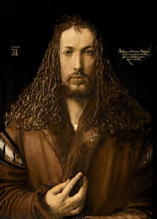 Self-portrait at 28, 1500, by Albrecht Dürer (1471–1528), 26½in by 19in, Alte Pinakothek, Munich, Germany.