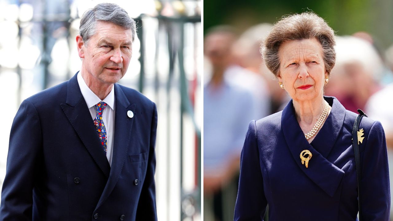 Composite of a picture of Sir Timothy Laurence attending a Service of Thanksgiving to mark 200 years of the Royal National Lifeboat Institution in March 2024 and Princess Anne at a reception with members of the regiment to mark the 80th anniversary of D-Day on June 5, 2024