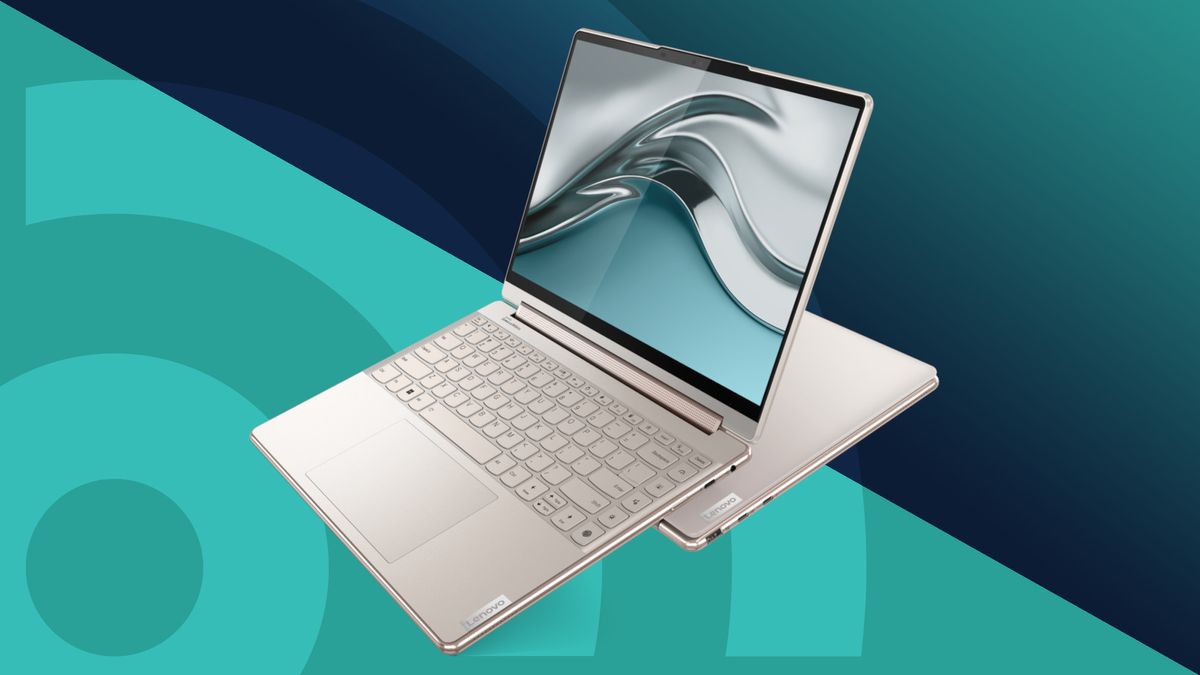 The Lenovo Yoga 9i 2-in-1 ultrabook on a teal background with the TechRadar logo.