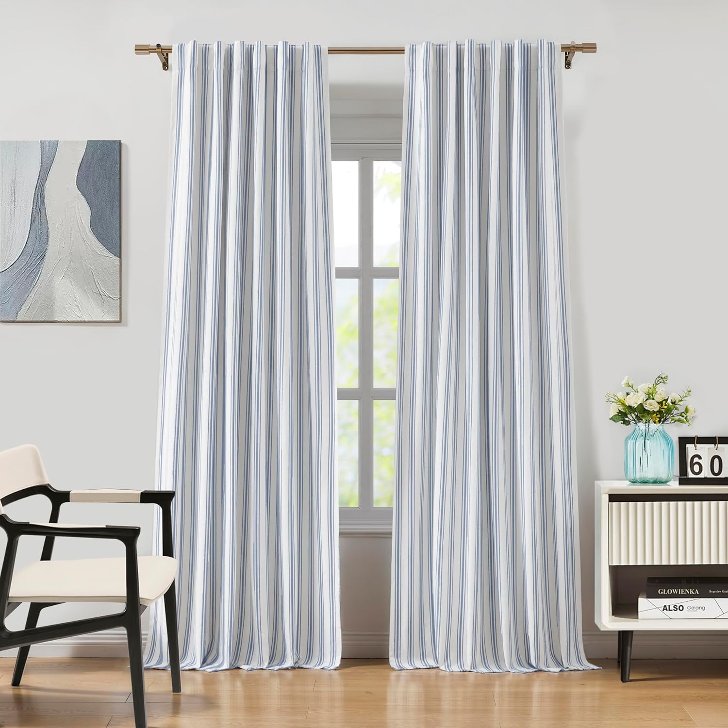 Zjdecor Blue Striped Blackout Curtains 84 Inches Length,ticking Stripe on White Cotton Blended Light Filtering Fabric With White Liner,modern Bedroom Window Treatment,back Tab Rod Pocket,55" Wx84 Lx2