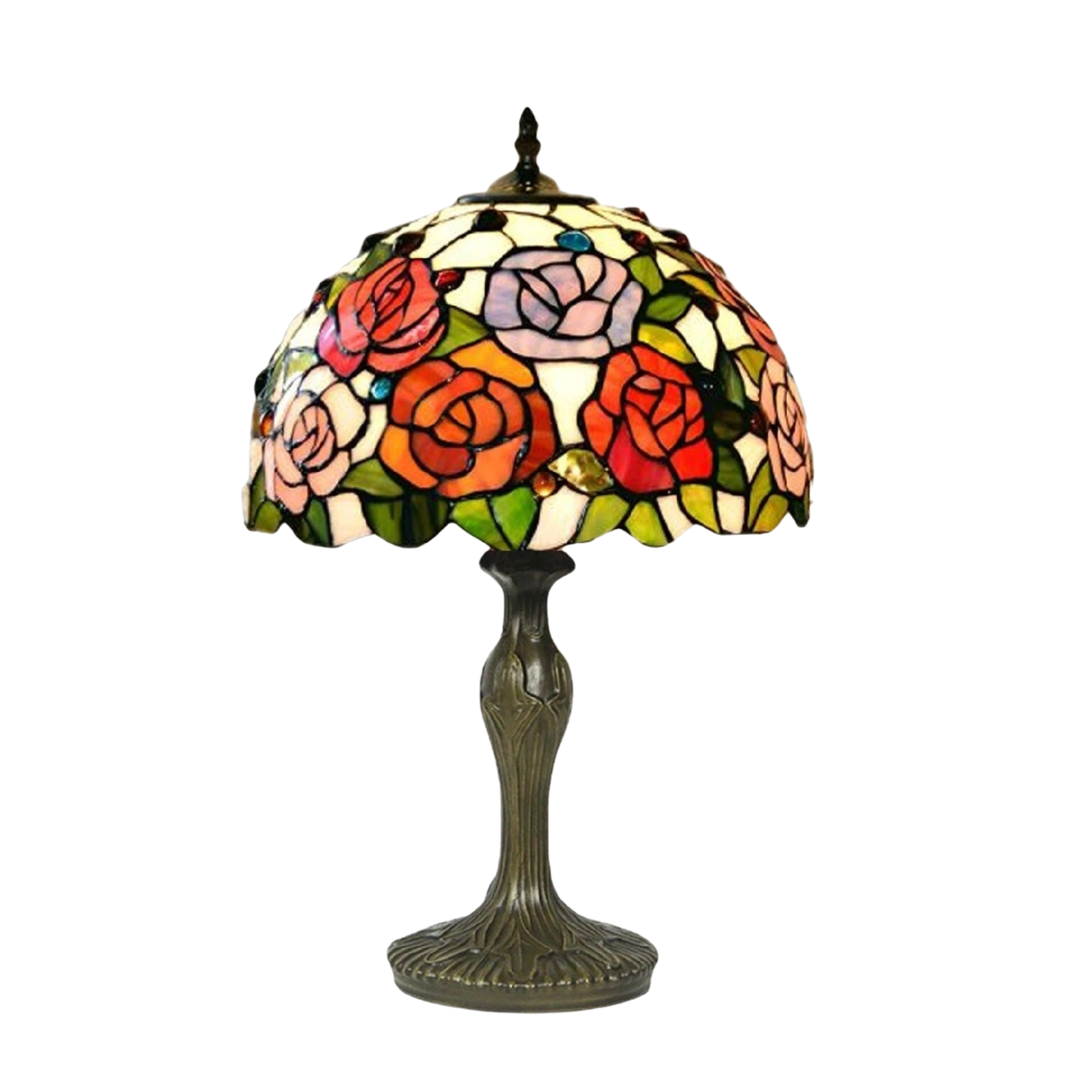 a vintage lamp with stained glass shade