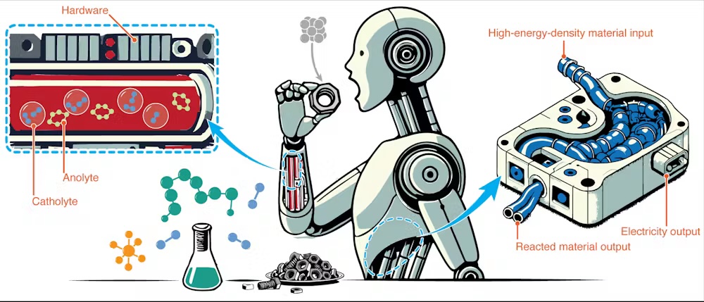 A diagram showing a robot eating metal bots, which are converted into an electrical output