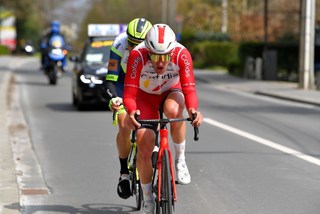 OVERIJSE BELGIUM APRIL 14 Emmanuel Morin of France and Team Cofidis during the 61st De Brabantse Pijl La Flche Brabanonne 2021 Mens Elite a 2017km race from Leuven to Overijse 106m Breakaway BP21 FlandersClassic on April 14 2021 in Overijse Belgium Photo by Luc ClaessenGetty Images