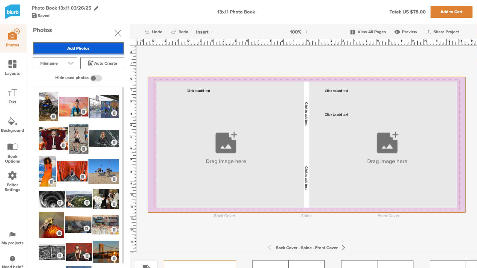 A screenshot of the Blurb photo book website interface