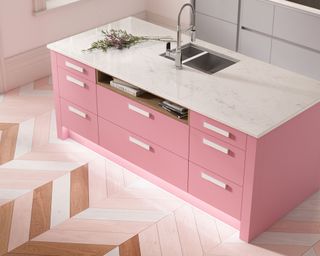 wren kitchens baby pink kitchen island with parquet floor in a kitchen