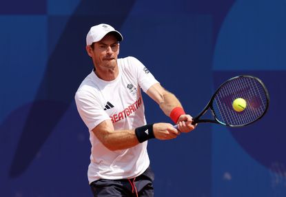 Andy Murray of Team Great Britain plays a backhand during the Tennis training session ahead of the Paris 2024 Olympic Games