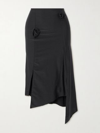 Appliquéd asymmetric stretch-satin midi skirt