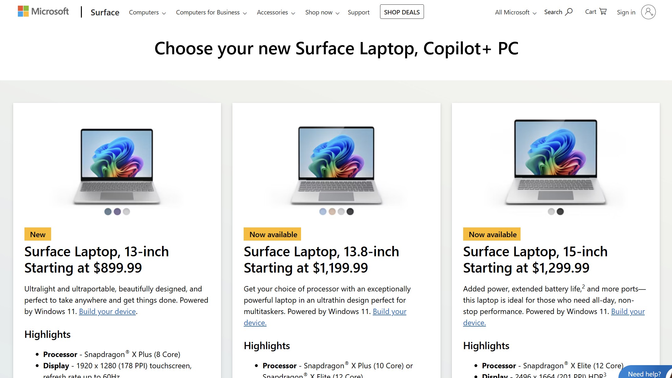 The new starting prices for each new Surface Laptop model.