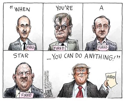 Political cartoon U.S. sexual harassment Trump Matt Lauer Garrison Keillor