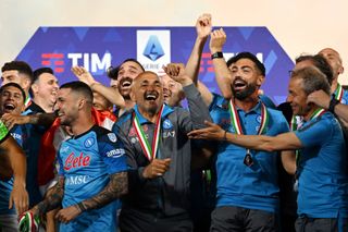 NAPLES, ITALY - JUNE 04: Luciano Spalletti, Head Coach of SSC Napoli, celebrates winning Serie A following the Serie A match between SSC Napoli and UC Sampdoria at Stadio Diego Armando Maradona on June 04, 2023 in Naples, Italy. (Photo by Francesco Pecoraro/Getty Images)