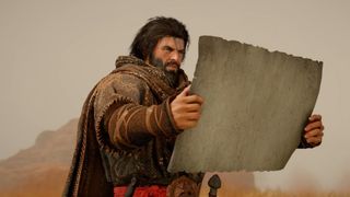 Crimson Desert warrior holding and looking at an unrolled map