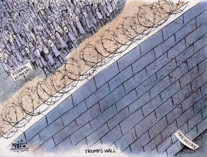 Political cartoon U.S. Trump wall government shutdown federal workers